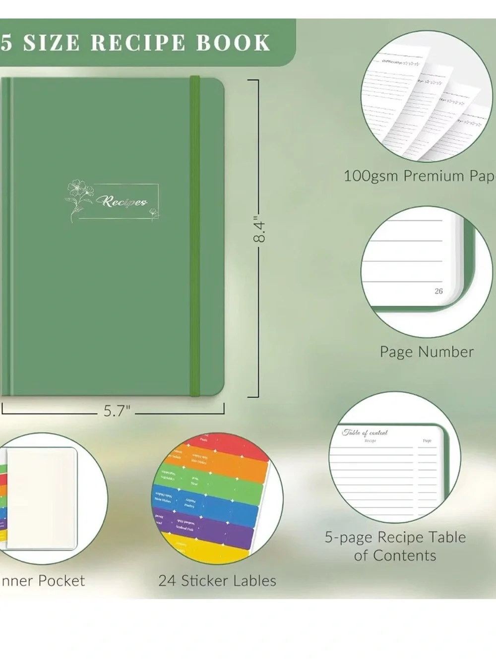 Recipe Journal Hardcover Notebook - Green Blank recipe book personalized recipes